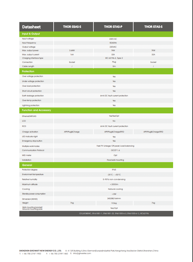 Growatt THOR 07AS-P-V1 Wallbox 7 kW Monofásica com Cartão RFID, Cabo de 5m, Ficha Tipo 2