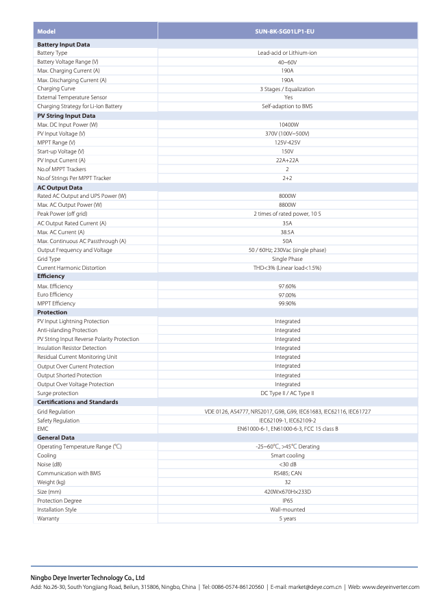 Deye SUN-8K-SG01LP1-EU Inversor Híbrido 8kW Monofásico