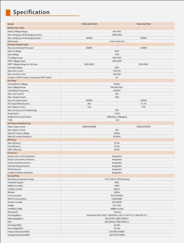 Inversor híbrido monofásico Felicity T-REX-6KLP1G01 de 6 kW