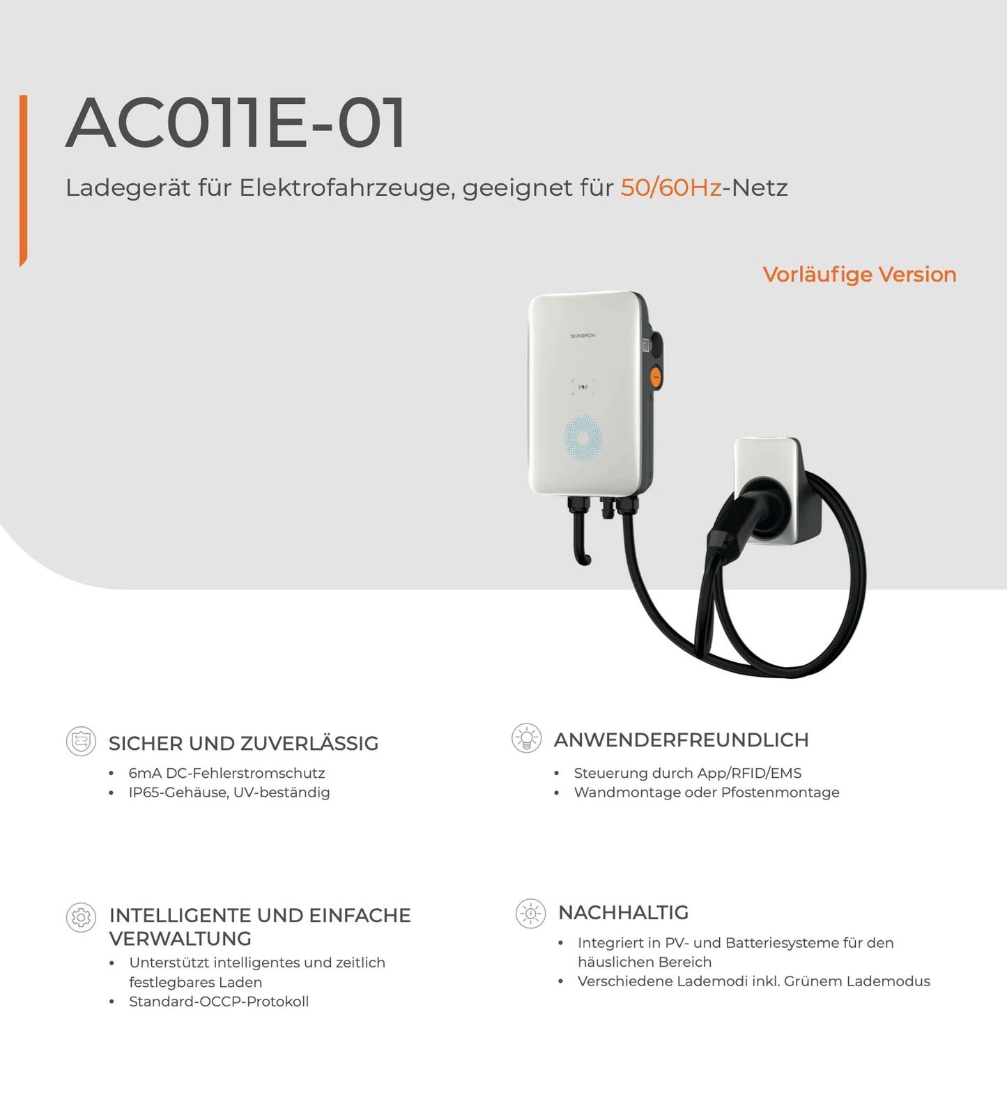SUNGROW Wallbox 11 kWh AC EV AC011E-01 – Estação de Carregamento com Conector Tipo 2 e Cabo de 7m