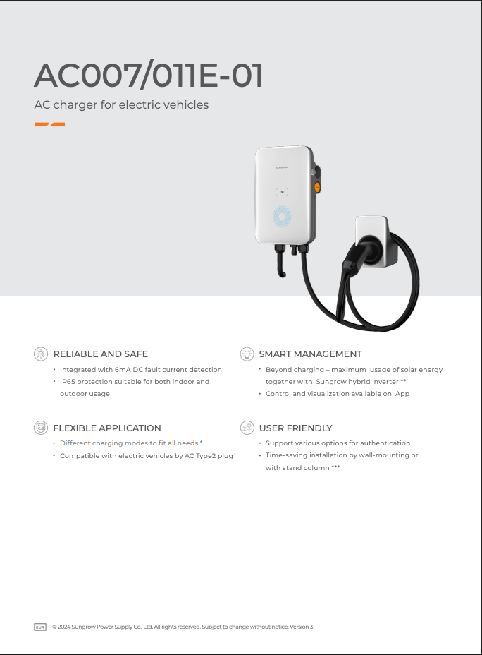 SUNGROW Wallbox 11 kWh AC EV AC011E-01 – Carregador AC com ficha Tipo 2 e cabo de 7 m