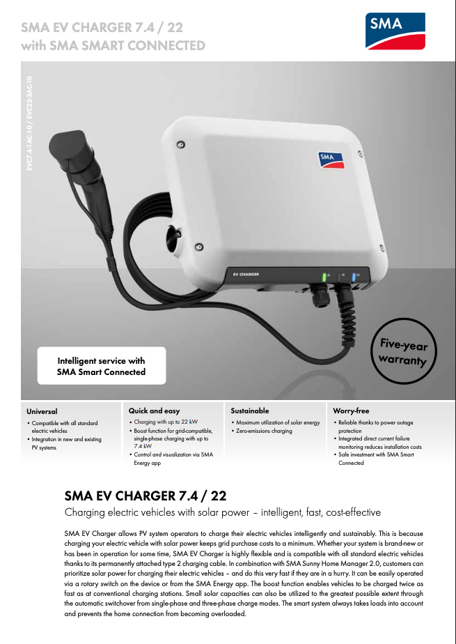 SMA EV Charger 7.4 kW, cabo de 5 m (EVC7.4-1AC-10)