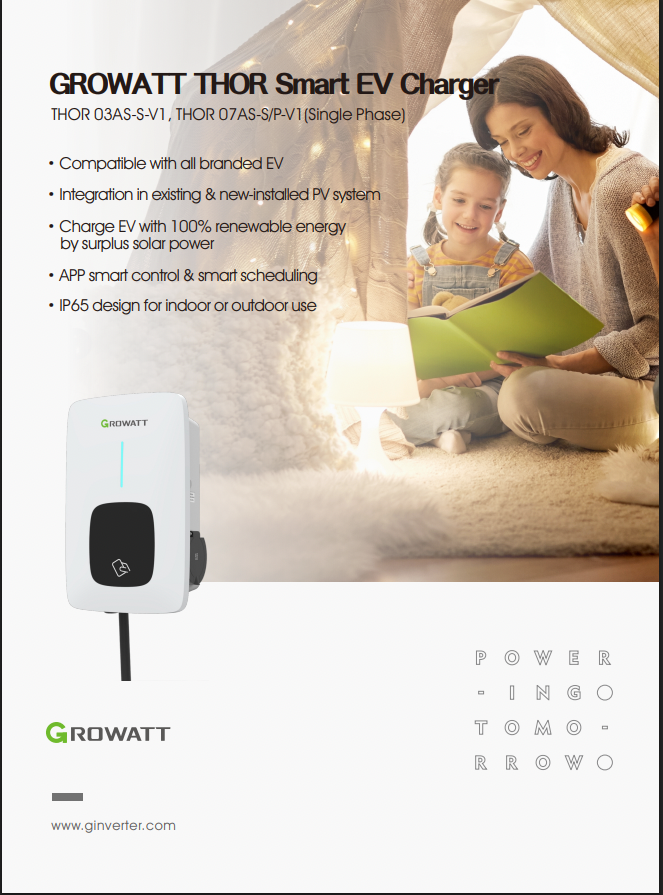 Growatt THOR 07AS-P-V1 Wallbox 7 kW Monofásica com Cartão RFID, Cabo de 5m, Ficha Tipo 2