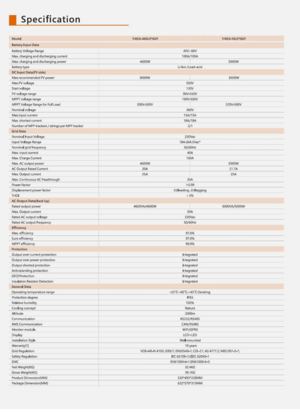 Felicity T-REX-5KLP1G01 Inversor Híbrido 5 kW Monofásico – 10 Anos de Garantia