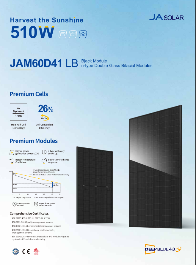 JA Solar 500W JAM60D41 Full Black | Módulo Solar Bifacial N-Type  | 36x