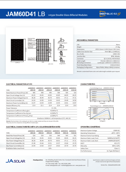 JA Solar JAM60D41 de 500 W, color negro | Módulo solar bifacial tipo N | 36 unidades